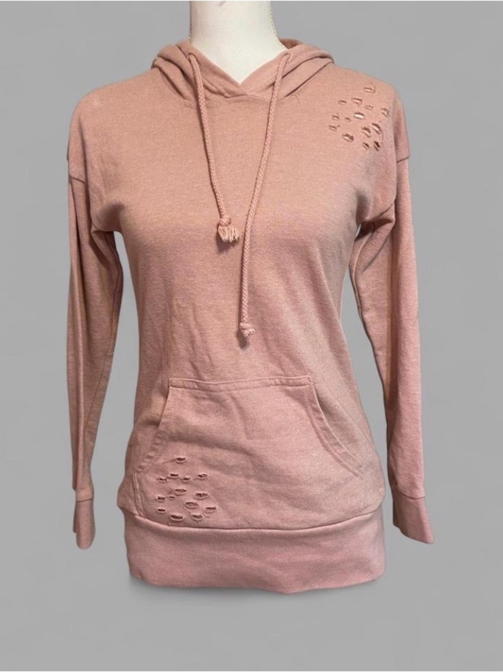 Women’s Blush Pink Distressed Hooded Pullover Sweatshirt